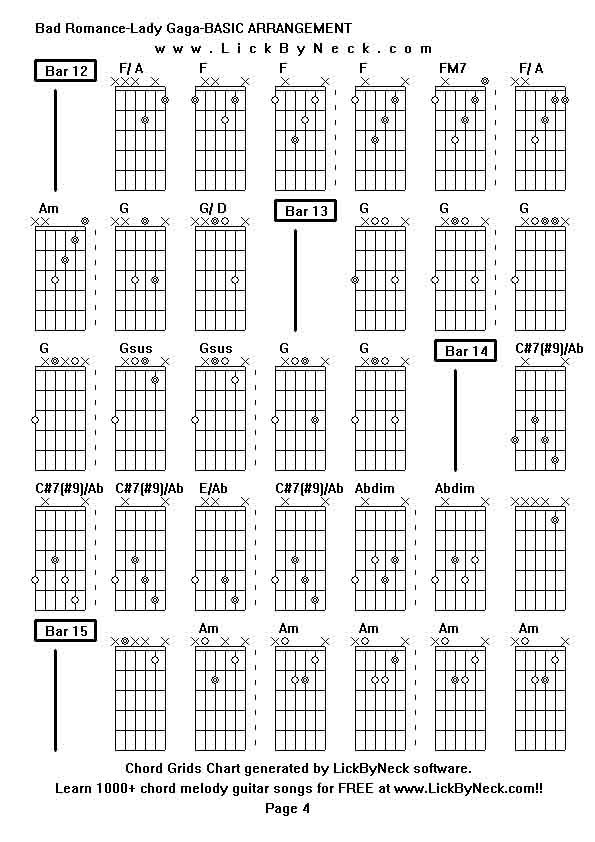 Chord Grids Chart of chord melody fingerstyle guitar song-Bad Romance-Lady Gaga-BASIC ARRANGEMENT,generated by LickByNeck software.